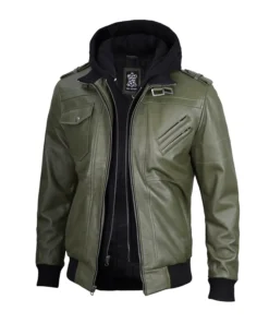 Mens Army Green Bomber Leather Jacket