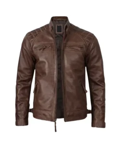 Mens Quilted Shoulder Coffee Brown Biker Leather Jacket