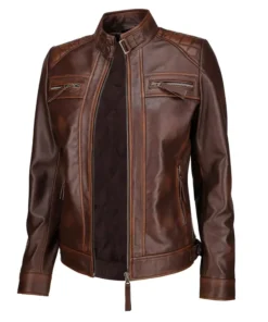 Women Quilted Shoulder Brown Biker Leather Jacket