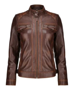 Women Brown Quilted Shoulder Biker Leather Jacket