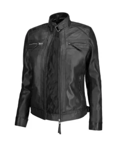 Women Slim Fit Quilted Black Leather Jacket