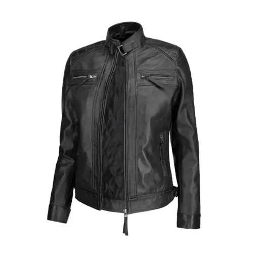 Women Slim Fit Quilted Black Leather Jacket