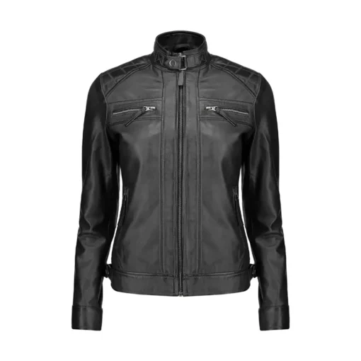 Women Slim Fit Quilted Black Leather Jacket