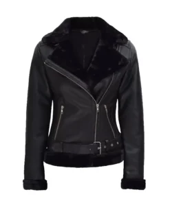 Women’s Black Asymmetrical Shearling Leather Jacket
