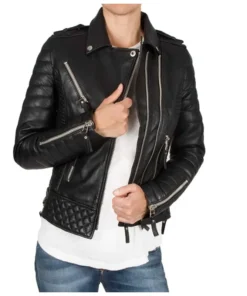 Womens Boda Style Quilted Leather Biker Jacket Black