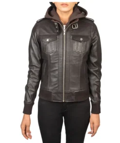 Women’s Brown Hooded Leather Bomber Jacket