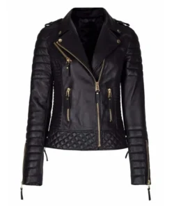 Womens Slim Fit Leather Motorcycle Jacket Black Studded