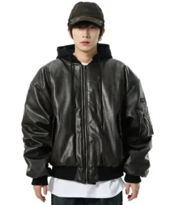 Oversized Leather Bomber Jacket with Hood
